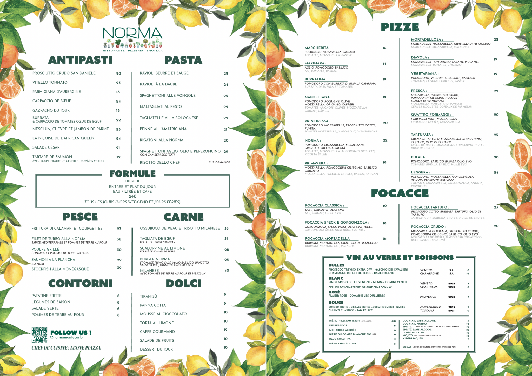 Menu Restaurant Norma Monte-Carlo